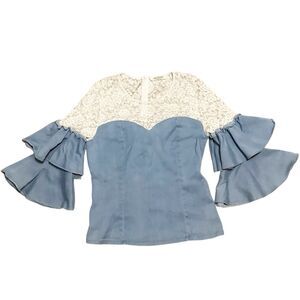 Y2k Stretchy Denim Ruffle Sleeves Top Size L Britney Spears Disco Early 2000